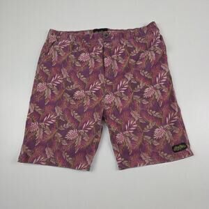 AussieBum Shorts Mens XL Purple Pink Tropical Leaf Elastic Waist Stretch Casual